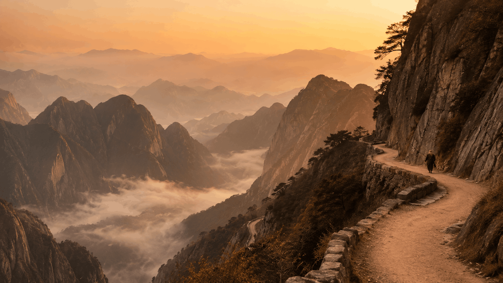 Paisaje asiático al amanecer con camino, montañas y luz cálida de viaje