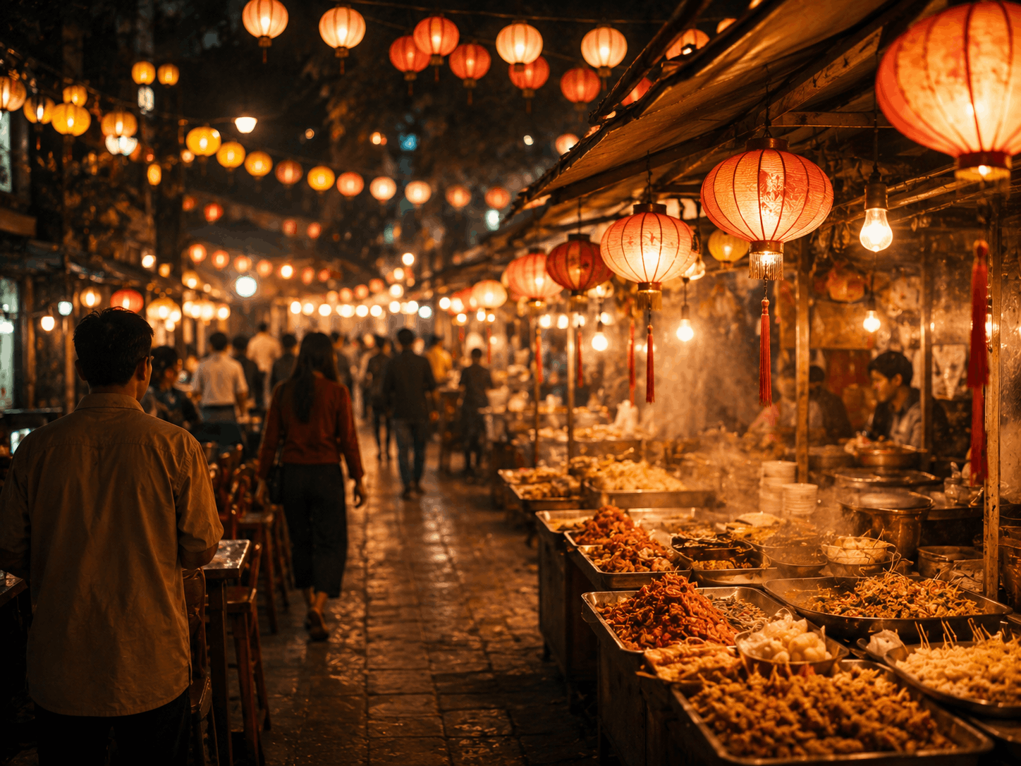 Mercado asiático con faroles cálidos, comida local y ambiente de viaje