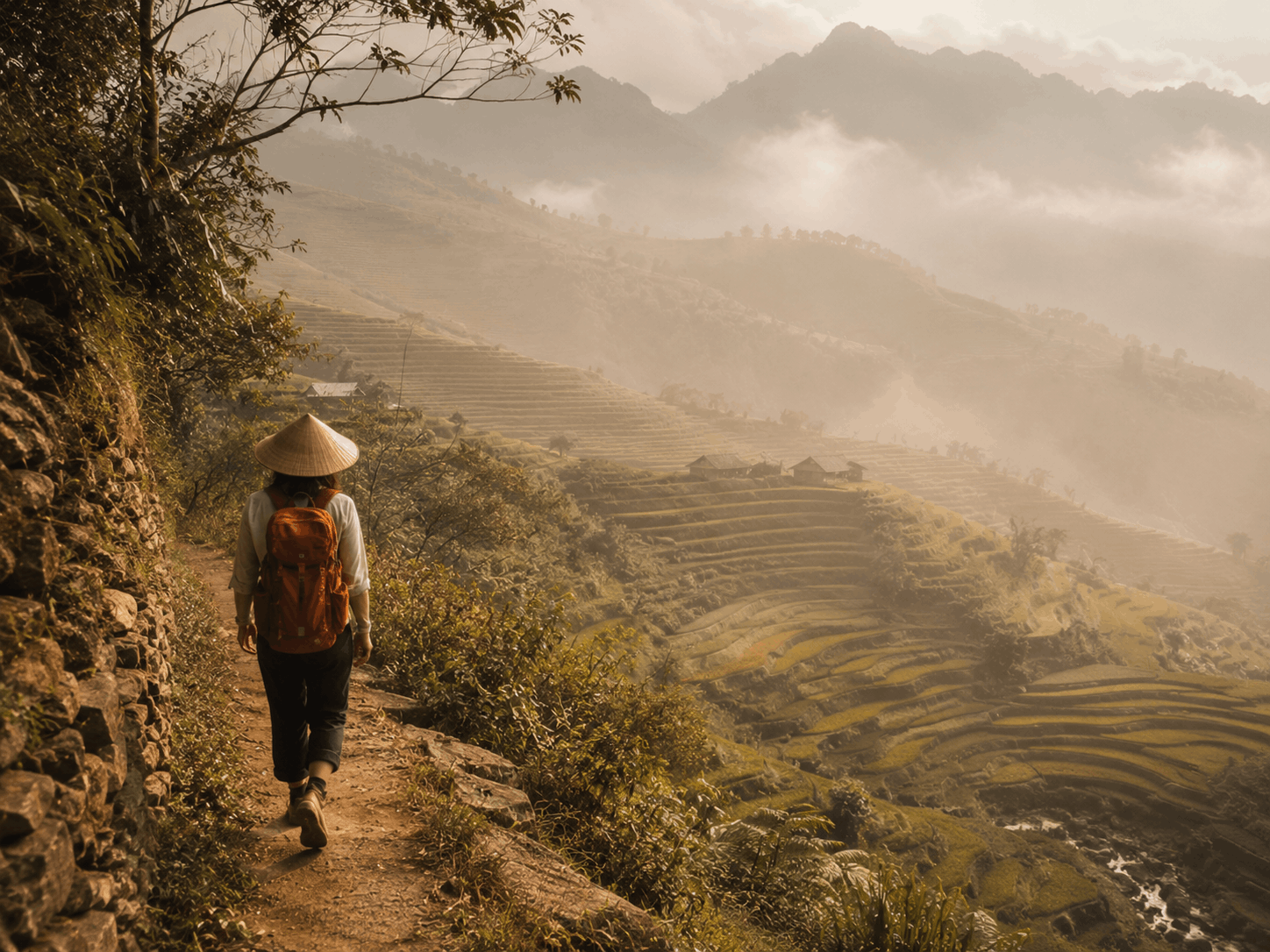 Sendero de montaña en Asia con luz de amanecer y ruta tranquila