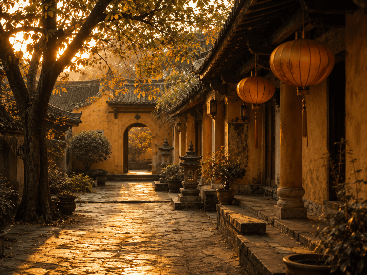 Patio de templo en Asia con sombras cálidas y viajeros caminando