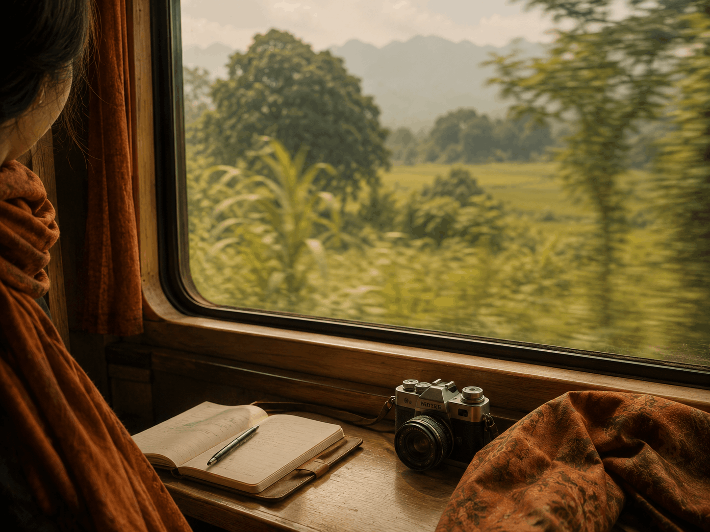 Ventana de tren asiático con paisaje verde y luz de tarde